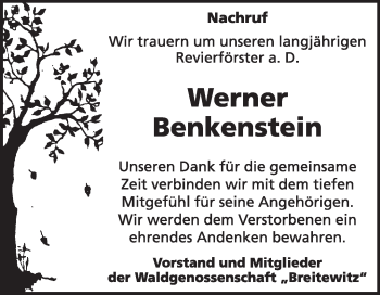 Traueranzeige von Werner Benkenstein von Super Sonntag Wittenberg