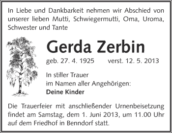 Traueranzeige von Gerda Zerbin von WVG - Wochenspiegel Halle