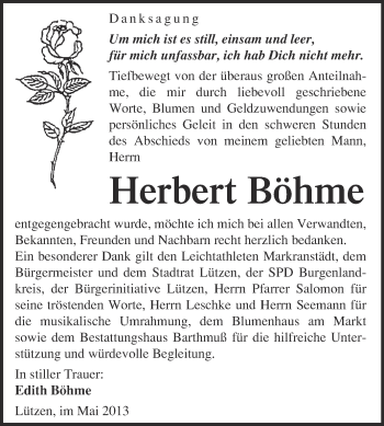 Traueranzeige von Herbert Böhme von WVG - Wochenspiegel Merseburg