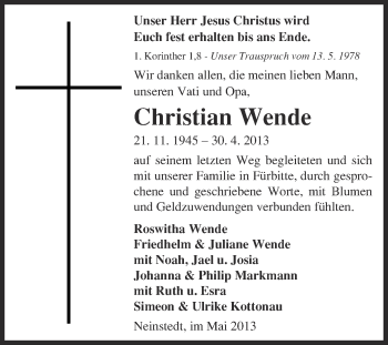 Traueranzeige von Christian Wende von WVG - Wochenspiegel Quedlinburg