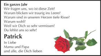 Traueranzeige von Patrick  von WVG - Wochenspiegel Quedlinburg