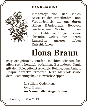 Traueranzeige von Ilona Braun von WVG - Wochenspiegel Bitterfeld