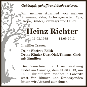 Traueranzeige von Heinz Richter von WVG - Wochenspiegel Bitterfeld