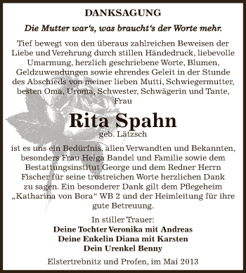Traueranzeige von Rita Spahn von Super Sonntag Zeitz