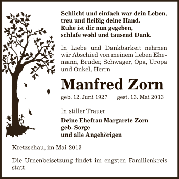 Traueranzeige von Manfred Zorn von Super Sonntag Zeitz