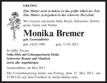 Traueranzeige von Monika Bremer von WVG - Wochenspiegel Aschersleben