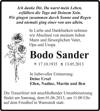 Traueranzeige von Bodo Sander von Super Sonntag Quedlinburg