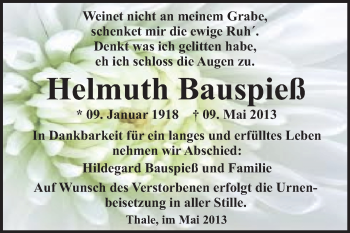 Traueranzeige von Helmuth Bauspieß von WVG - Wochenspiegel Quedlinburg