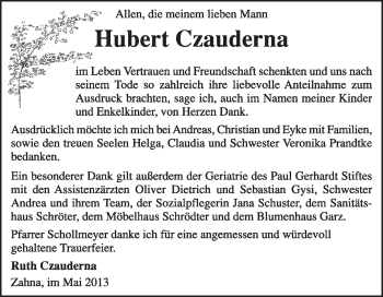 Traueranzeige von Hubert Czauderna von Super Sonntag Wittenberg