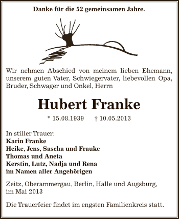 Traueranzeige von Hubert Franke von Super Sonntag Zeitz