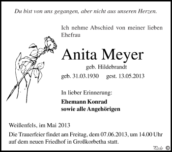 Traueranzeige von Anita Meyer von WVG - Wochenspiegel NMB / WSF / ZTZ
