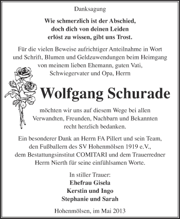 Traueranzeige von Wolfgang Schurade von WVG - Wochenspiegel NMB / WSF / ZTZ