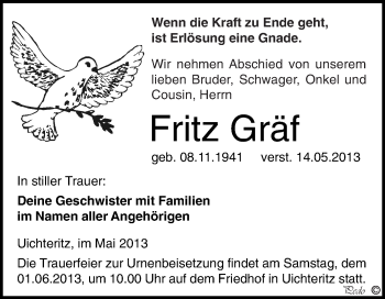 Traueranzeige von Fritz Gräf von WVG - Wochenspiegel NMB / WSF / ZTZ
