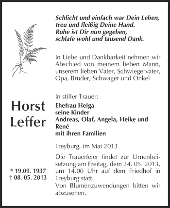 Traueranzeige von Horst Leffer von WVG - Wochenspiegel NMB / WSF / ZTZ