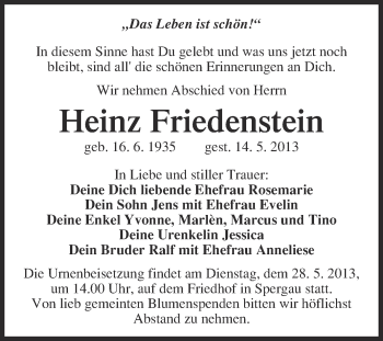 Traueranzeige von Heinz Friedenstein von Super Sonntag Merseburg