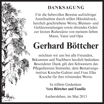 Traueranzeige von Gerhard Böttcher von Super Sonntag Aschersleben
