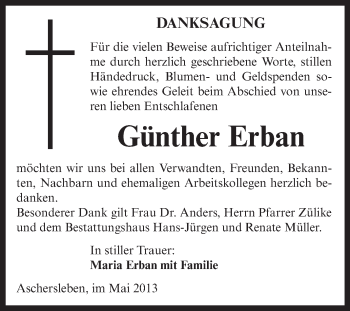 Traueranzeige von Günther Erban von WVG - Wochenspiegel Aschersleben