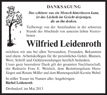 Traueranzeige von Wilfried Leidenroth von WVG - Wochenspiegel Aschersleben