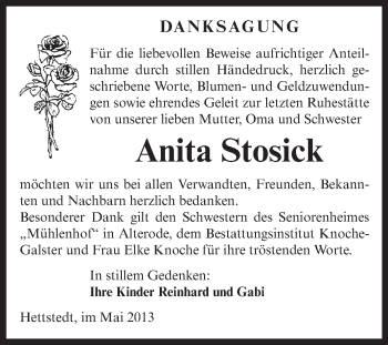 Traueranzeige von Anita Stosick von Super Sonntag Aschersleben