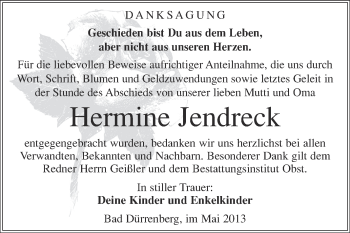 Traueranzeige von Hermine Jendreck von Super Sonntag Merseburg