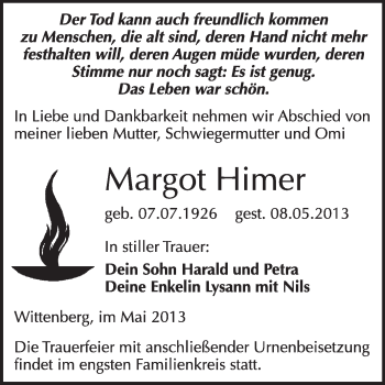 Traueranzeige von Margot Himer von WVG - Wochenspiegel Wittenberg