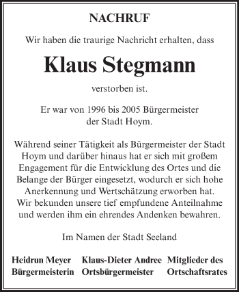 Traueranzeige von Klaus Stegmann von Super Sonntag Aschersleben