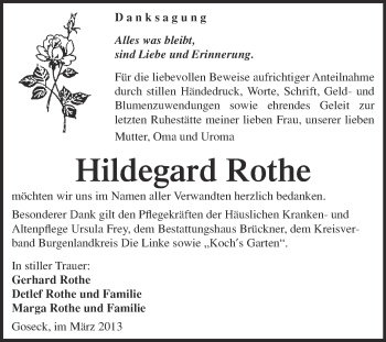 Traueranzeige von Hildegard Rothe von WVG - Wochenspiegel NMB / WSF / ZTZ
