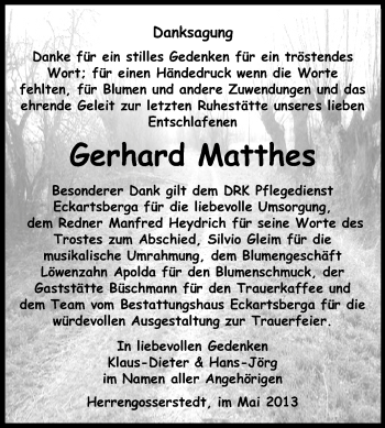 Traueranzeige von Gerhard Matthes von WVG - Wochenspiegel NMB / WSF / ZTZ
