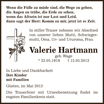 Traueranzeige von Valerie Hartmann von Super Sonntag Bernburg
