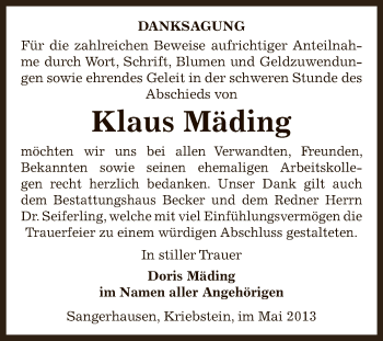 Traueranzeige von Klaus Mäding von Super Sonntag SGH Mansf. Land