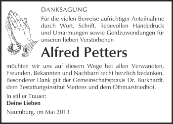 Traueranzeige von Alfred Petters von WVG - Wochenspiegel NMB / WSF / ZTZ