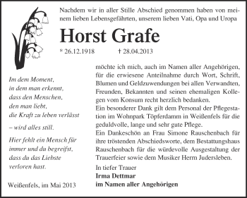 Traueranzeige von Horst Grafe von WVG - Wochenspiegel NMB / WSF / ZTZ