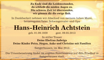 Traueranzeige von Hans-Heinrich Achtstein von Super Sonntag SGH Mansf. Land