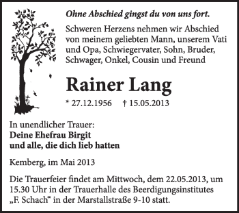 Traueranzeige von Rainer Lang von WVG - Wochenspiegel Wittenberg