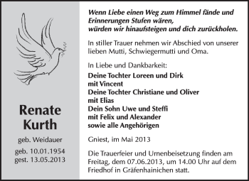 Traueranzeige von Renate Kurth von WVG - Wochenspiegel Wittenberg