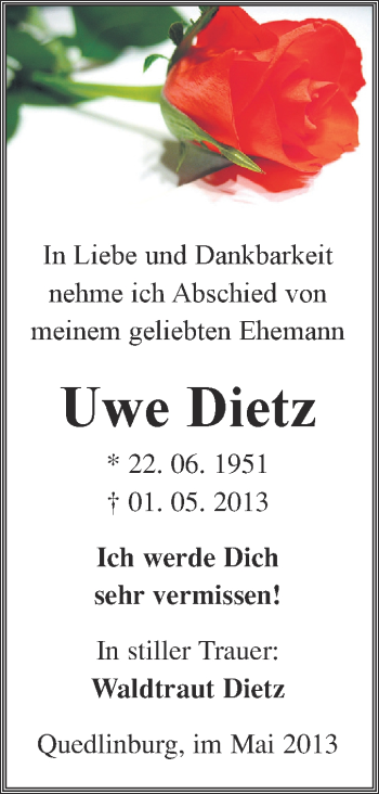 Traueranzeige von Uwe Dietz von WVG - Wochenspiegel Quedlinburg