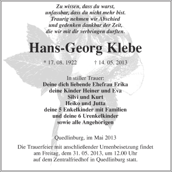 Traueranzeige von Hans-Georg Klebe von WVG - Wochenspiegel Quedlinburg