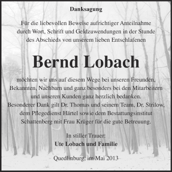 Traueranzeige von Bernd Lobach von WVG - Wochenspiegel Quedlinburg