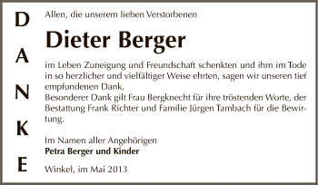 Traueranzeige von Dieter Berger von Super Sonntag SGH Mansf. Land