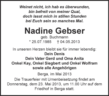 Traueranzeige von Nadine Gebser von Super Sonntag SGH Mansf. Land