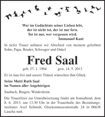 Traueranzeige von Fred Saal von WVG - Wochenspiegel NMB / WSF / ZTZ