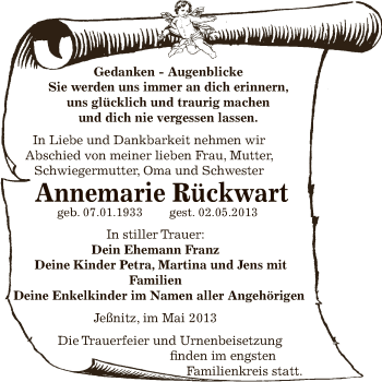 Traueranzeige von Annemarie Rückwart von WVG - Wochenspiegel Bitterfeld