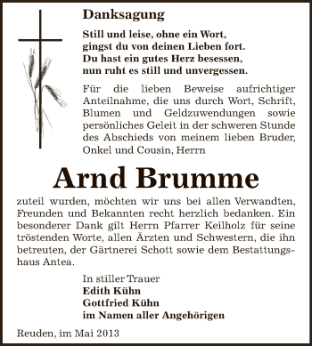 Traueranzeige von Arnd Brumme von Super Sonntag Zeitz