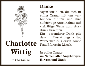 Traueranzeige von Charlotte Wittig von Super Sonntag Bernburg