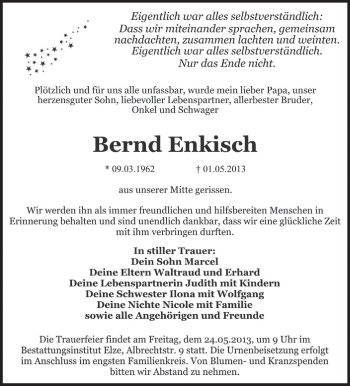 Traueranzeige von Bernd Enkisch von Super Sonntag Dessau / Köthen