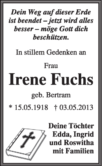 Traueranzeige von Irene Fuchs von Super Sonntag Dessau / Köthen