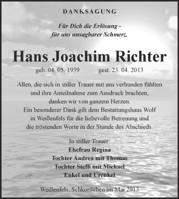 Traueranzeige von Hans Joachim Richter von WVG - Wochenspiegel NMB / WSF / ZTZ