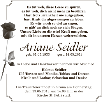 Traueranzeige von Ariane Seidler von Super Sonntag Bernburg