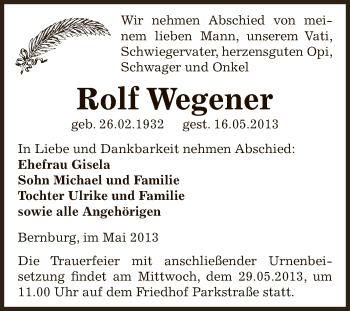 Traueranzeige von Rolf Wegener von Super Sonntag Bernburg