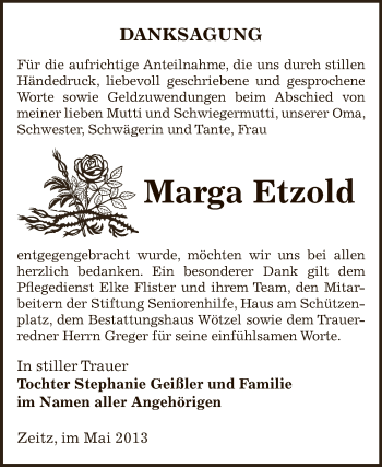 Traueranzeige von Marga Etzold von Super Sonntag Zeitz